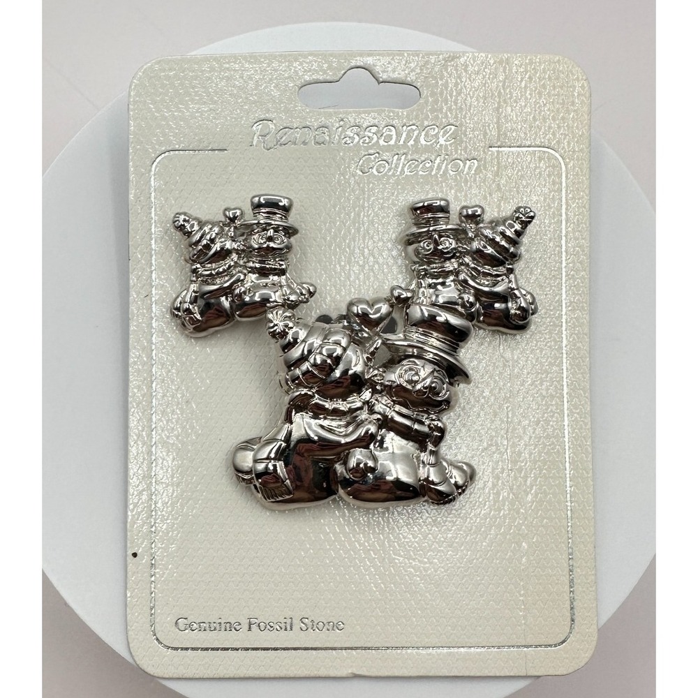 VTG 90s Renaissance Collection Snowman Family Pin Silver Tone Christmas Brooch
